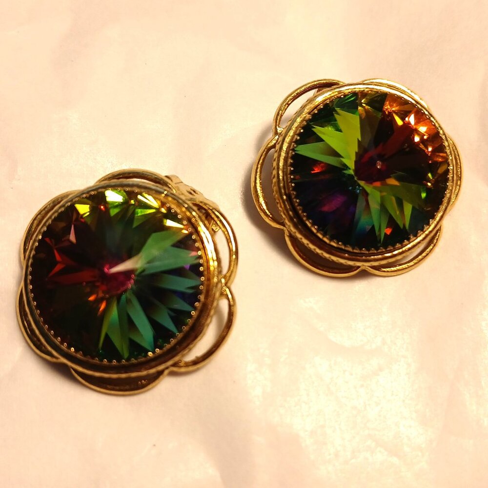 Vtg Whiting & Davis Watermelon Rivoli Heliotrope Rhinestone Clip Earrings 1 in